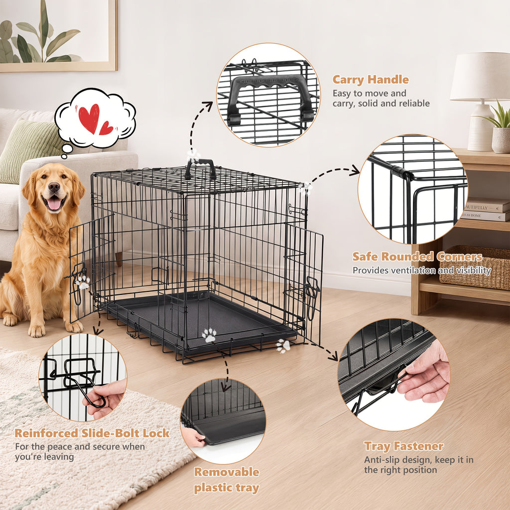 Wire Dog Crate in Black with Divider Panel and Removable Tray, Foldable Metal Pet Kennel with Carry Handle and Six Size Options for Home Training