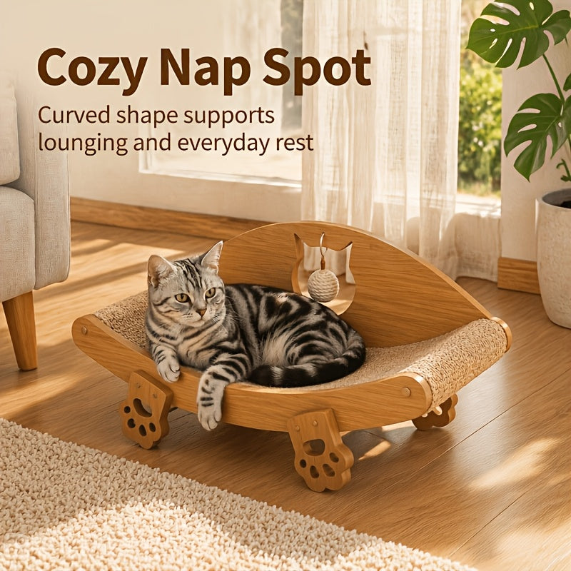 Sisal Cat Scratcher Bed with Solid Wood Frame, Curved Indoor Cat Lounge Chair and Scratching Pad with Hanging Toy for Rest and Play