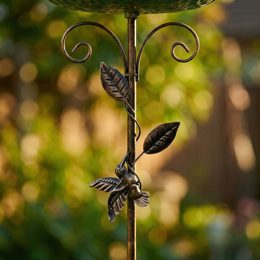 Metal Bird Bath with Bird and Leaf Decoration, 30-Inch Tall Outdoor Garden Water Basin for Yard and Patio Decor, Easy Installation and Cleaning