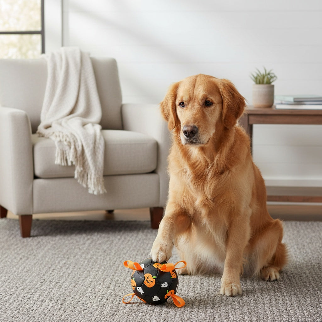 Halloween Dog Ball with Pumpkin and Ghost Print, Black Soccer-Style Fetch Toy with Orange Grab Straps, Pump and Needle for Supervised Outdoor Play