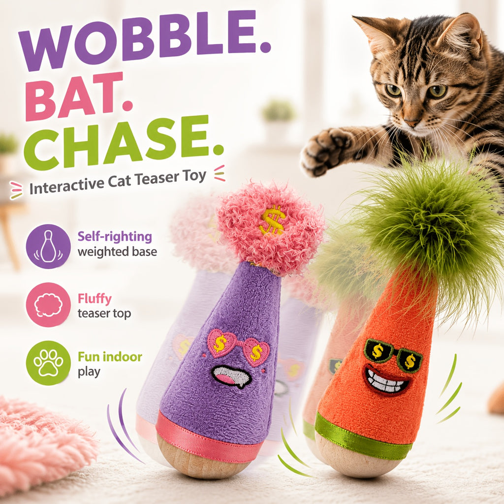 Cat Wobble Feather Toy with Cat Mint Powder, Interactive Hunting and Chasing Teaser for Indoor Kittens and Adult Cats, Purple or Red Styles
