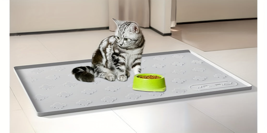 Silicone Cat Litter and Feeding Mat 34 x 22 Inches, 3-in-1 Washable Non-Slip Floor Protector with Raised Edges in Light Grey or Dark Gray