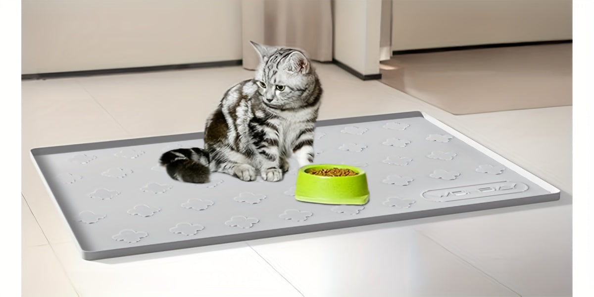 Silicone Cat Litter and Feeding Mat 34 x 22 Inches, 3-in-1 Washable Non-Slip Floor Protector with Raised Edges in Light Grey or Dark Gray