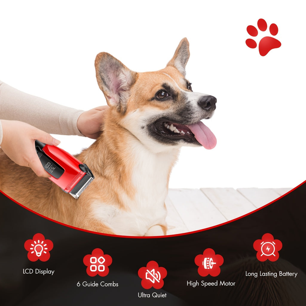 3-Speed Dog Clippers with LED Display and Auxiliary Light, Cordless Rechargeable Pet Grooming Kit with Six Guide Combs for Dogs and Cats