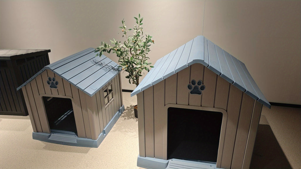 Outdoor Dog House 38 Inch in Blue, Resin Pet Shelter with Peaked Roof, Raised Floor and Decorative Cut-Outs for Indoor and Backyard Use
