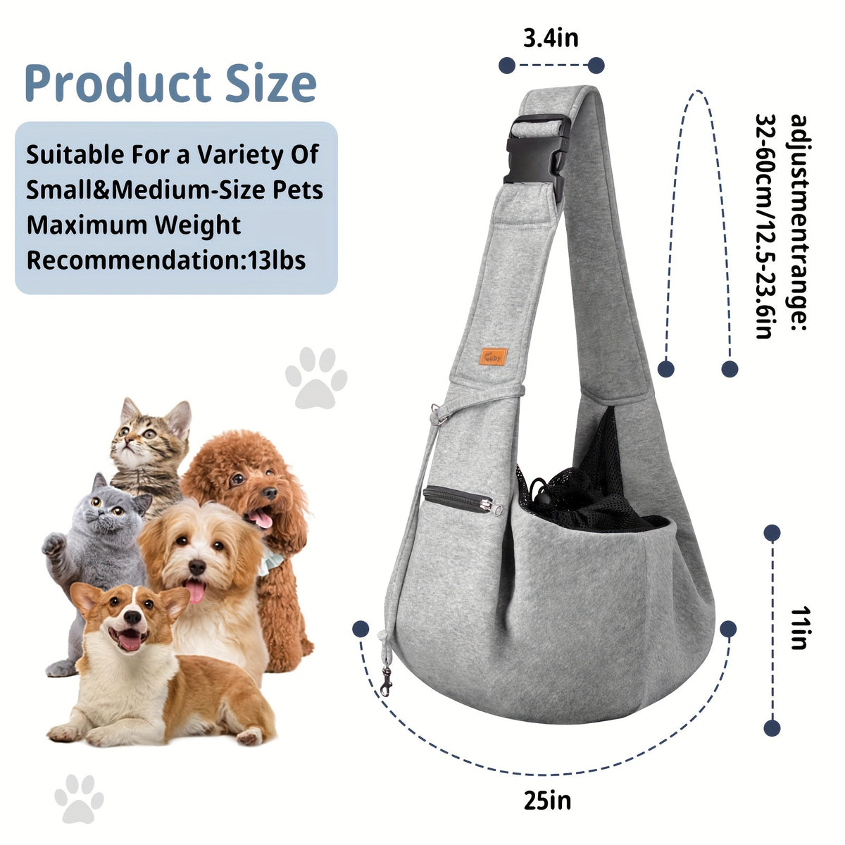 Dog Carrier Sling with Adjustable Shoulder Fit for Carrying Puppies and Cats, Pet Travel Shoulder Bag in Black, Gray or Blue for Everyday Outings