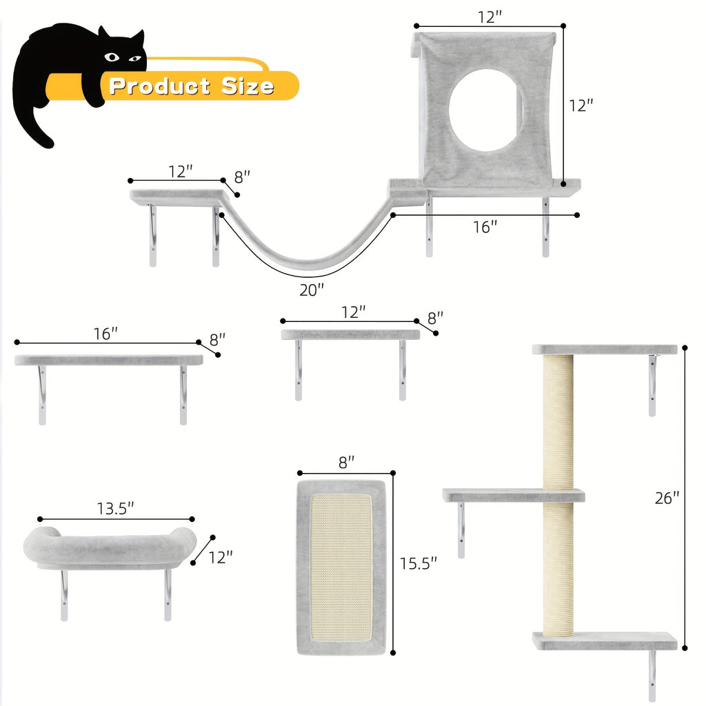 Cat Wall Climbing Shelves with Condo, 6-Piece Wall-Mounted Furniture Set with Scratching Post, Bridge Ladder and Board for Small and Medium Indoor Cats
