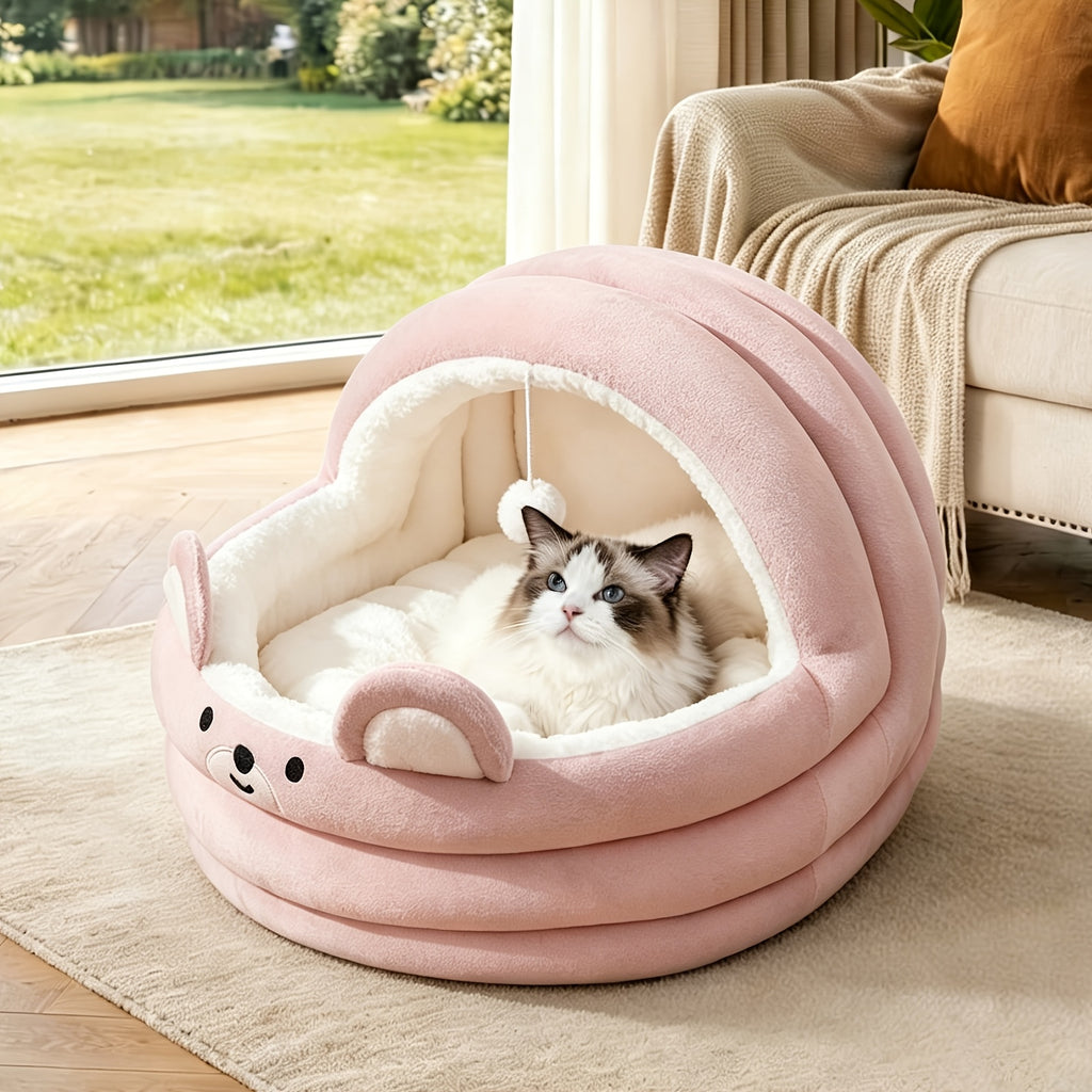 Circular Cat Sleeping Bed with Toy Balls, Soft All-Season Pet Resting Nest for Cats and Small Dogs, Grey Pink or Brown with Three Listed Size Options