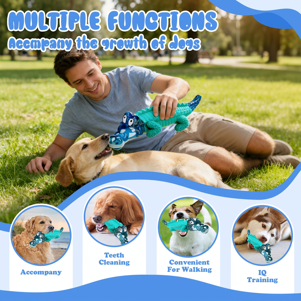Crocodile Dog Chew Toy for Medium and Large Dogs, Milk-Flavored Textured Chewing Toy for 20–100 lb Pets, Blue and Two-Piece Set Options