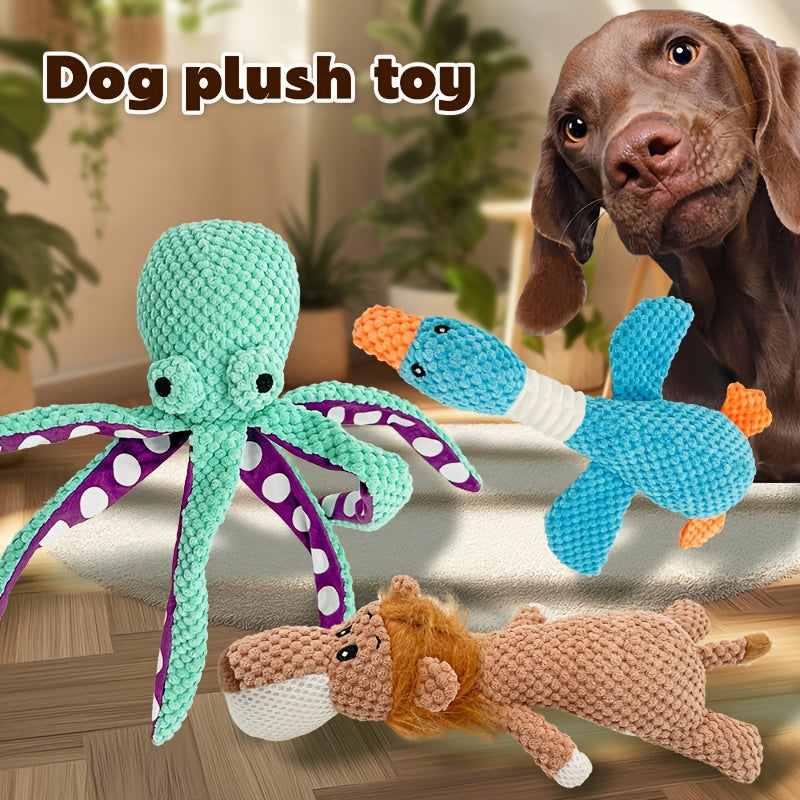 Random Animal Plush Dog Toy, One Squeaky Textured Companion for Supervised Gentle Play, Assorted Octopus, Goose, Wolf, Lion or Elephant Style