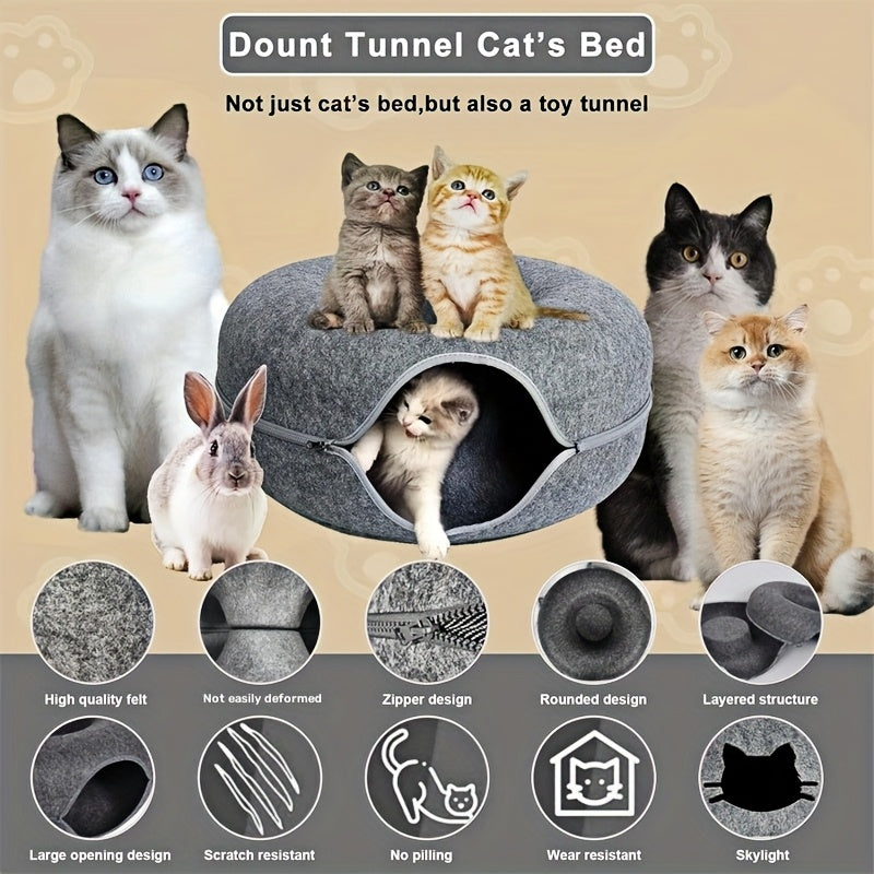Cat Cave Tunnel Bed with Pom-Pom Ball, All-Season Donut Hideaway for Indoor Cat Rest and Play, 20 or 24 Inch Options in Dark Gray and Light Gray