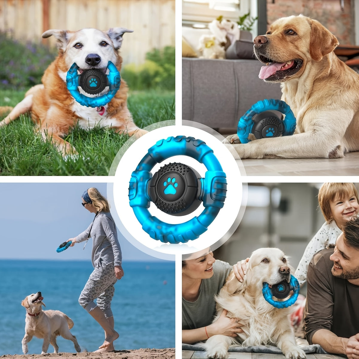 Steering Wheel Dog Chew Toy with Squeaker, Textured Rubber Ring for Large Dogs, Blue or Purple Interactive Fetch Toy for Supervised Play