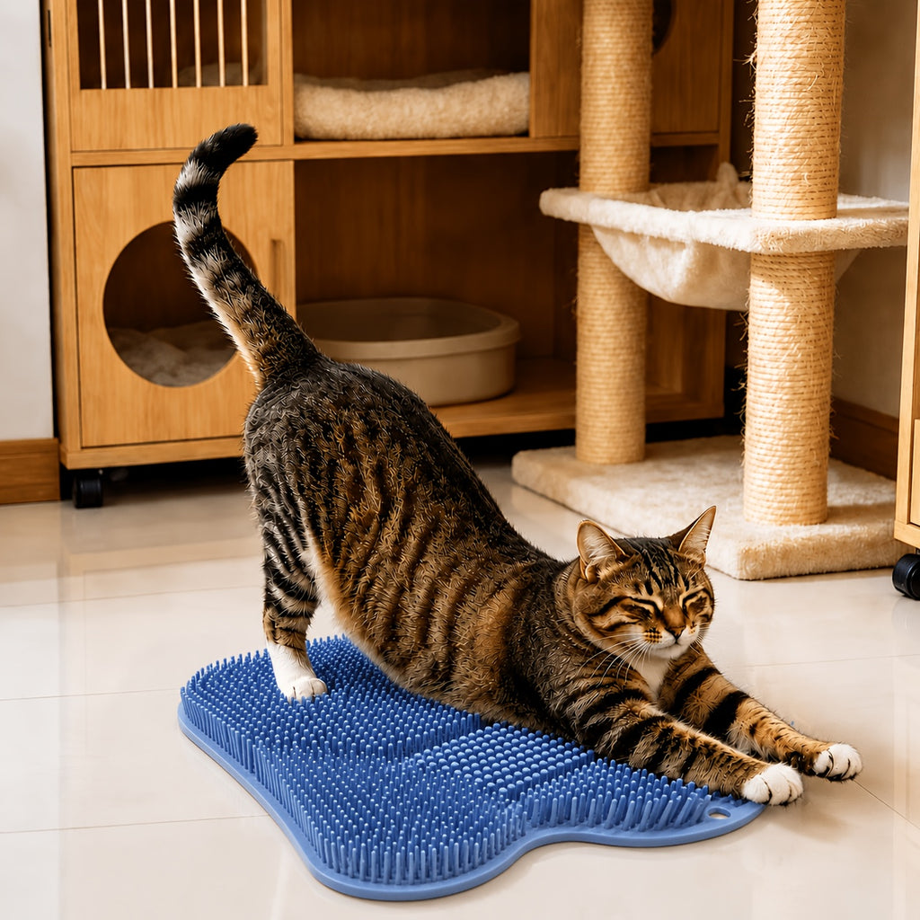 Cat Self Grooming Brush in Blue, Wall-Mounted Massage Scratching Board for Loose Fur Care, Space-Saving Everyday Pet Groomer for Indoor Cats