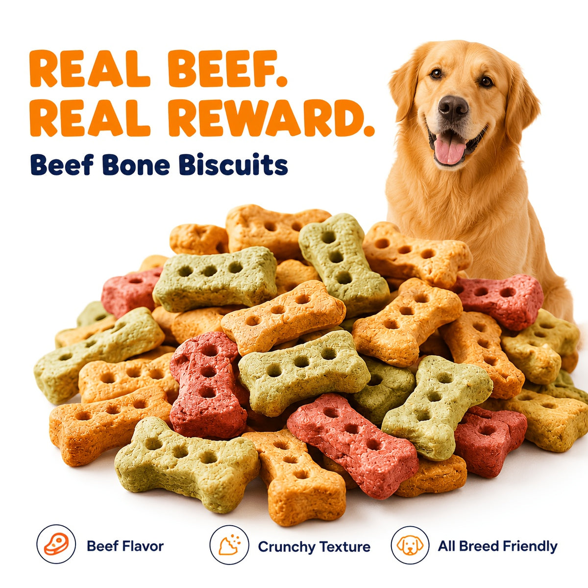 Beef Flavor Dog Biscuits, Crunchy Bone-Shaped Treats with Beef, Chicken and Egg Listed Flavors for Supervised Training Rewards and Everyday Snack Time