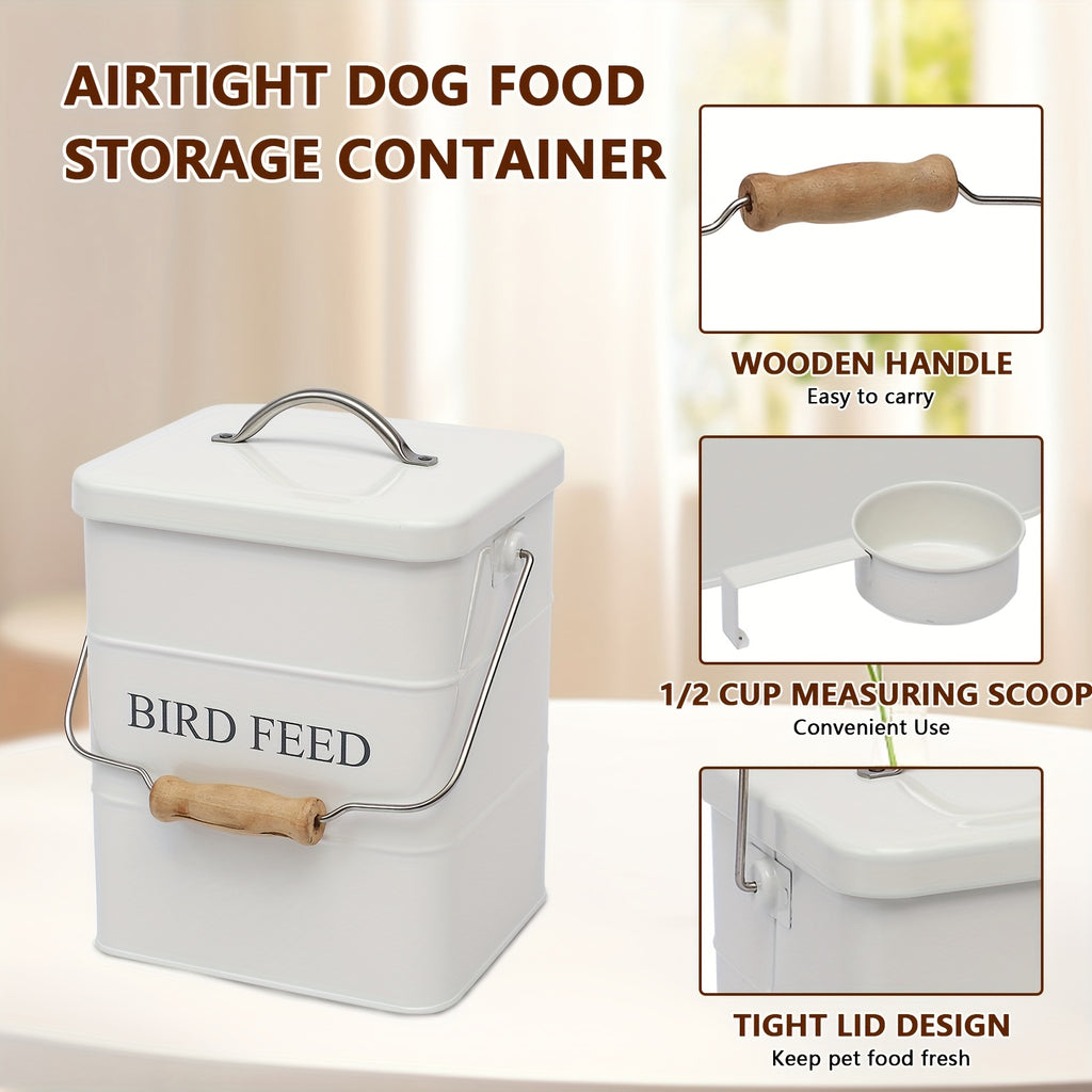 Bird Seed Storage Tin with Lid, Metal Bird Food Container in White or Black, Vintage Farmhouse Style Bucket for Organized Feeding Supplies at Home