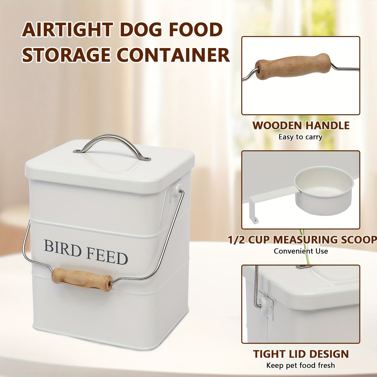 Bird Seed Storage Tin with Lid, Metal Bird Food Container in White or Black, Vintage Farmhouse Style Bucket for Organized Feeding Supplies at Home