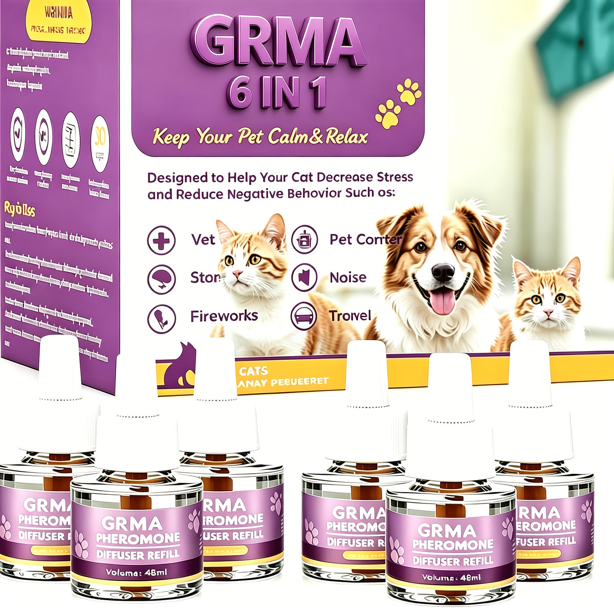 Pheromone Calming Refills for Cats and Dogs, 2-in-1 or 6-in-1 Liquid Replacement Options for Compatible Diffusers and At-Home Pet Routines
