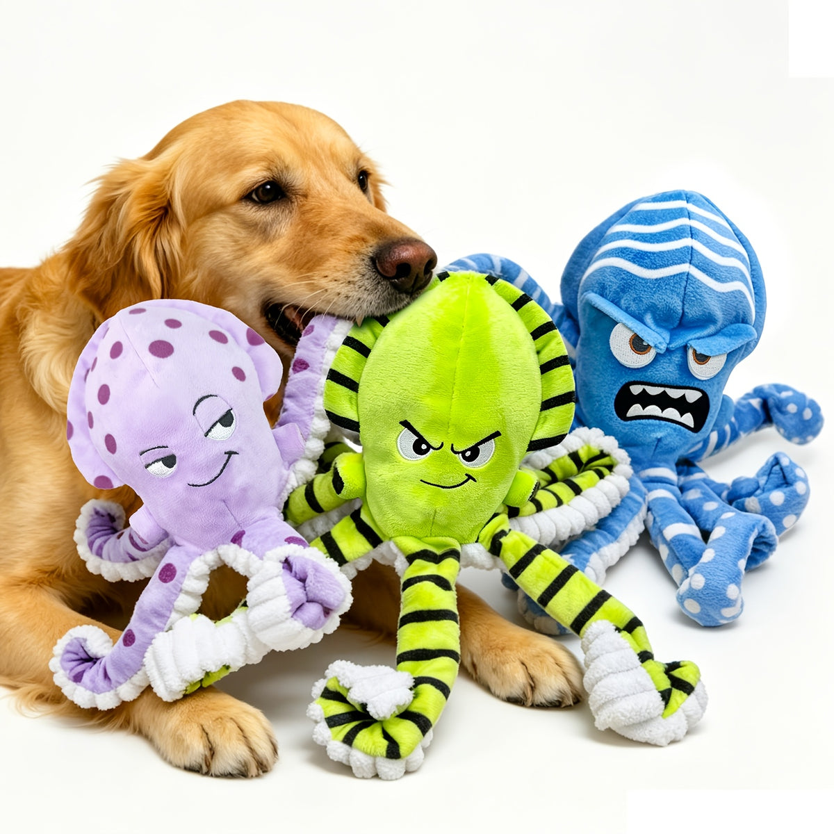 Octopus Dog Toys 3 Pack, Soft Plush Sound-Making Toy Set for Small, Medium and Large Dogs, Interactive Gentle Tug and Indoor Play