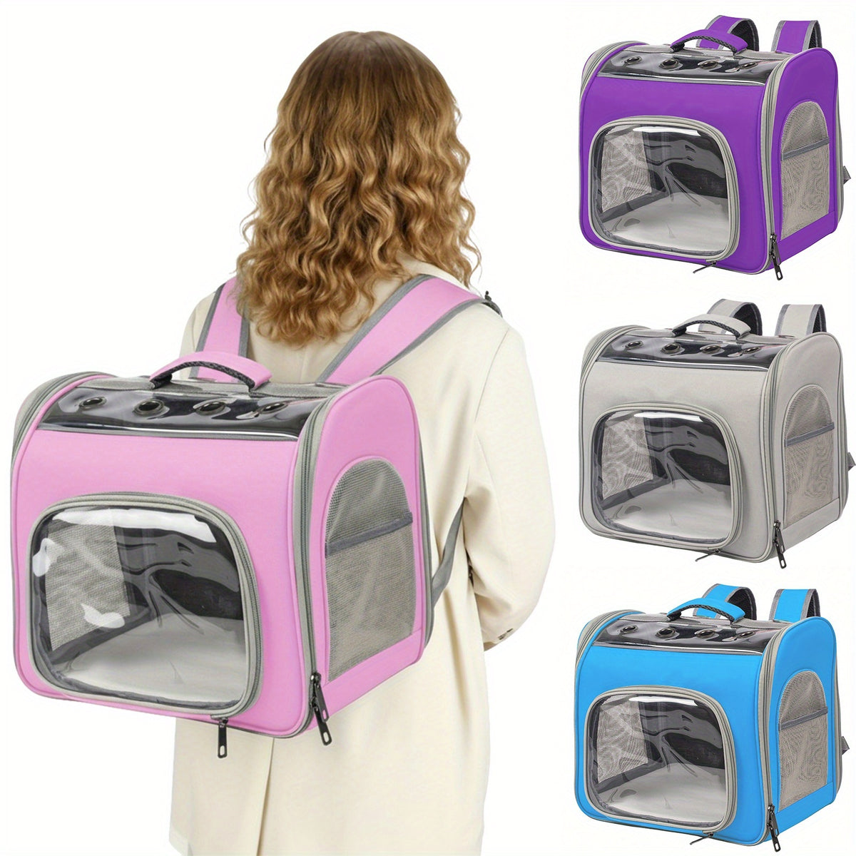 Cat Backpack with Front Opening and Breathable Mesh Window, Foldable Pet Carrier in Purple, Pink, Gray or Blue for Walks and Travel
