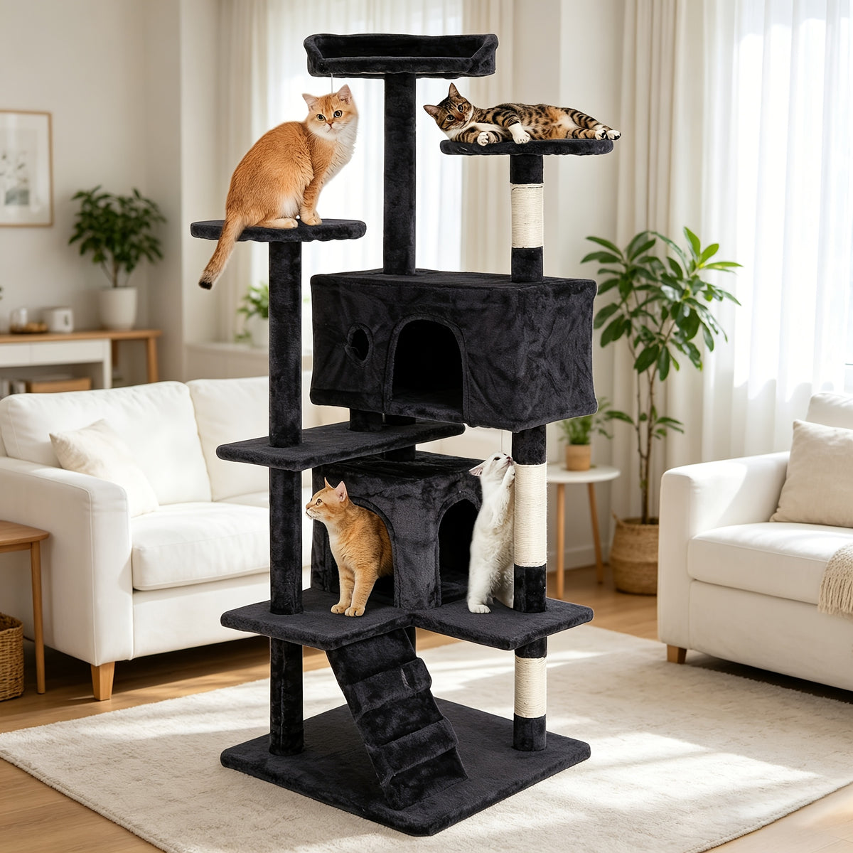 Cat Tree 54 Inch in Dark Gray, Multi-Level Indoor Cat Tower with Scratching Posts, Condo Hideaway and Play Toys for Climbing, Rest and Daily Activity