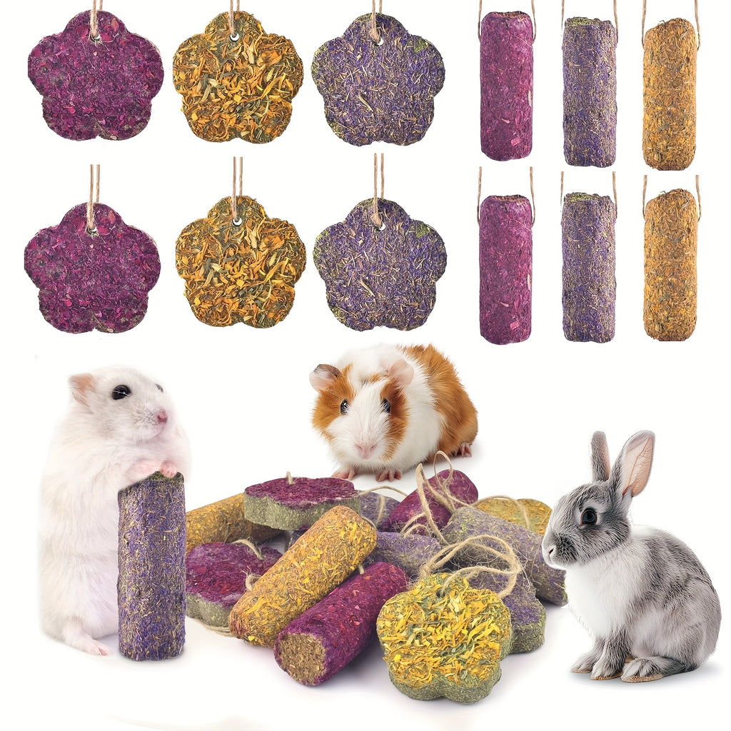 Rabbit Chew Cakes and Sticks 12 Pack, Hanging Timothy Hay Treats with Listed Rose and Chrysanthemum, Flower and Cylinder Shapes for Small Pet Enrichment