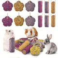 Rabbit Chew Cakes and Sticks 12 Pack, Hanging Timothy Hay Treats with Listed Rose and Chrysanthemum, Flower and Cylinder Shapes for Small Pet Enrichment