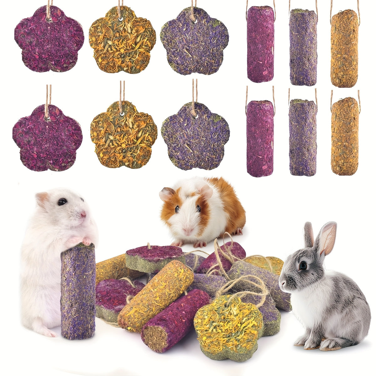 Rabbit Chew Cakes and Sticks 12 Pack, Hanging Timothy Hay Treats with Listed Rose and Chrysanthemum, Flower and Cylinder Shapes for Small Pet Enrichment