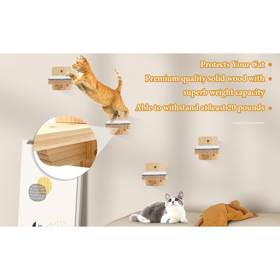 Corner Cat Shelves with 4 Climbing Steps, 13 x 13 Inch Wall-Mounted Wooden Cat Bed with 6 Felt Pads for Small and Medium Indoor Cats
