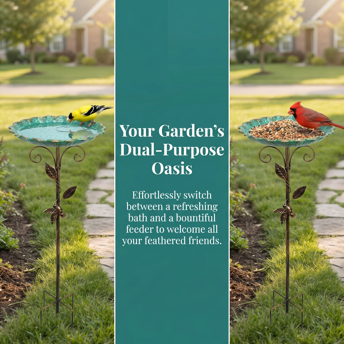 Metal Bird Bath with Bird and Leaf Decoration, 30-Inch Tall Outdoor Garden Water Basin for Yard and Patio Decor, Easy Installation and Cleaning