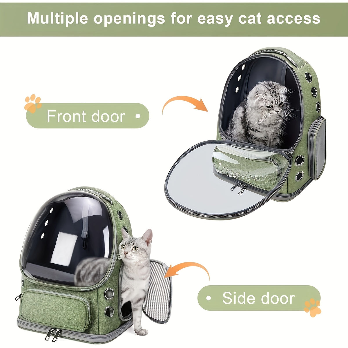 Oxford Cat Backpack Carrier with Pet Collar, Breathable Travel Bag for Small to Medium Cats and Dogs, Safety Zippers and Durable Straps, Green Gray or Khaki