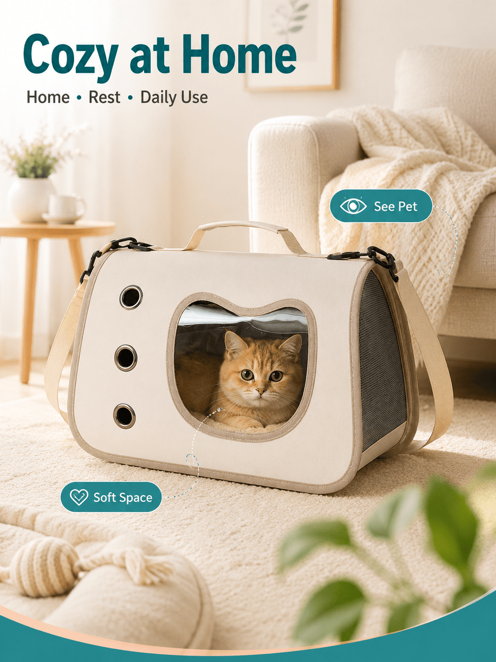 Pet Carrier Bag with Side Opening for Cats and Dogs, Soft-Sided Breathable Travel Tote for Handheld and Shoulder Carry, Off-White, Orange or Pink