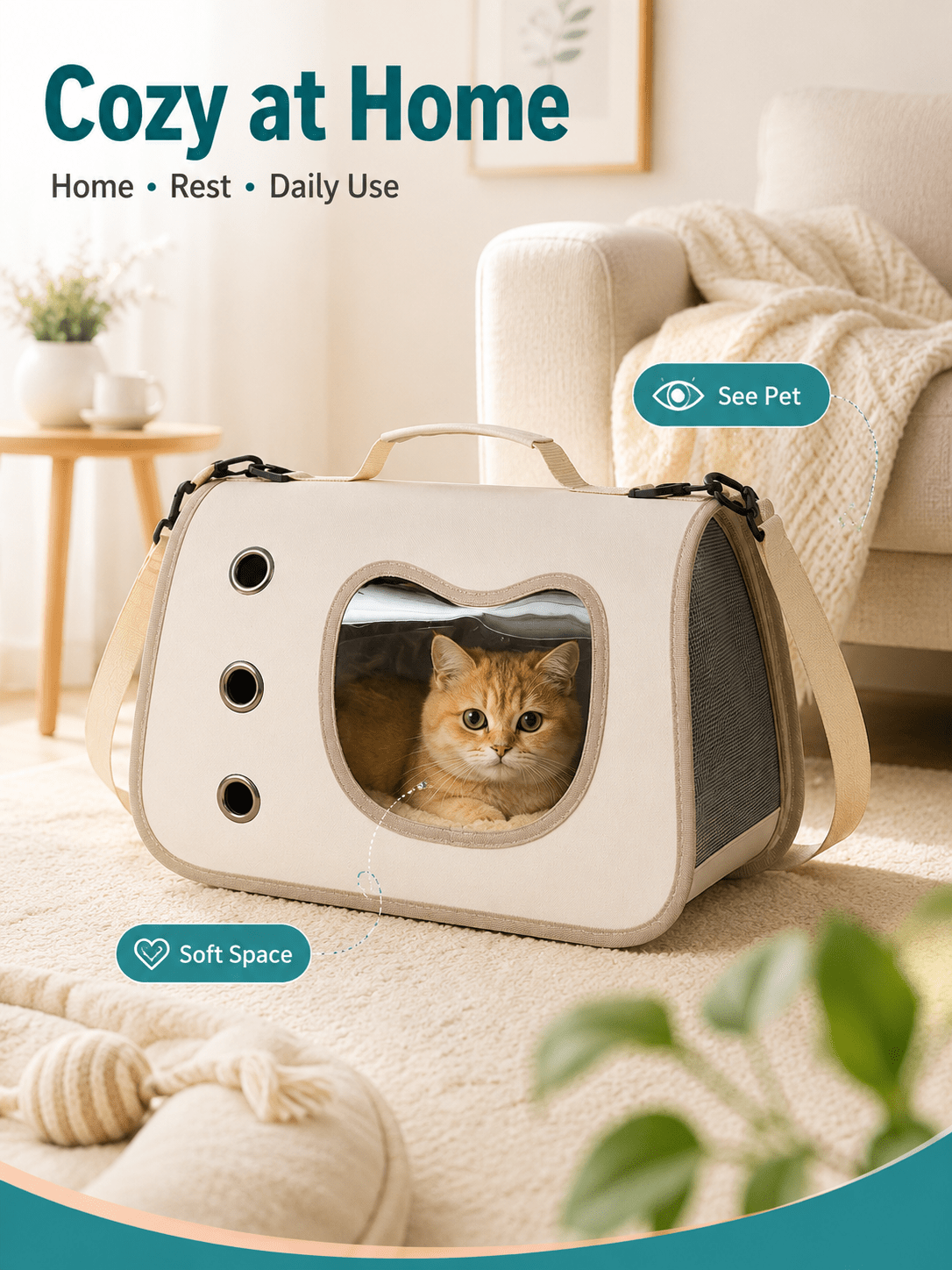 Pet Carrier Bag with Side Opening for Cats and Dogs, Soft-Sided Breathable Travel Tote for Handheld and Shoulder Carry, Off-White, Orange or Pink