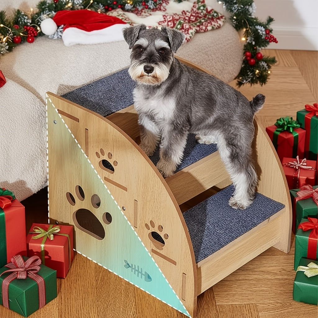 Pet Stairs for Bed and Couch, 15-Inch Three-Tier Dog and Cat Steps with Non-Slip Surface, Side Railings and Compact Ramp-Style Design