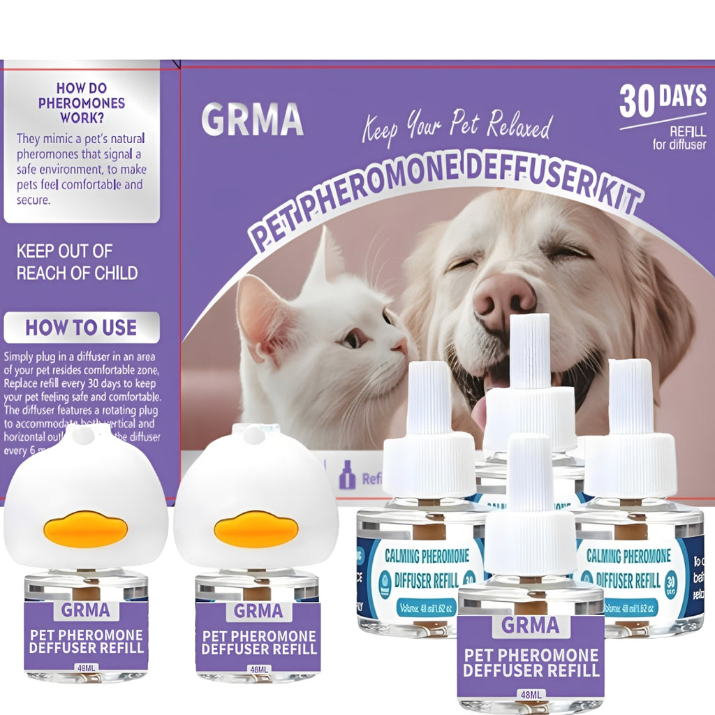 Pet Pheromone Diffuser Kit for Cats and Dogs, GRMA 3-in-1 Plug-In Set with One Diffuser and Two Liquid Refills for Indoor Home Pet Routines