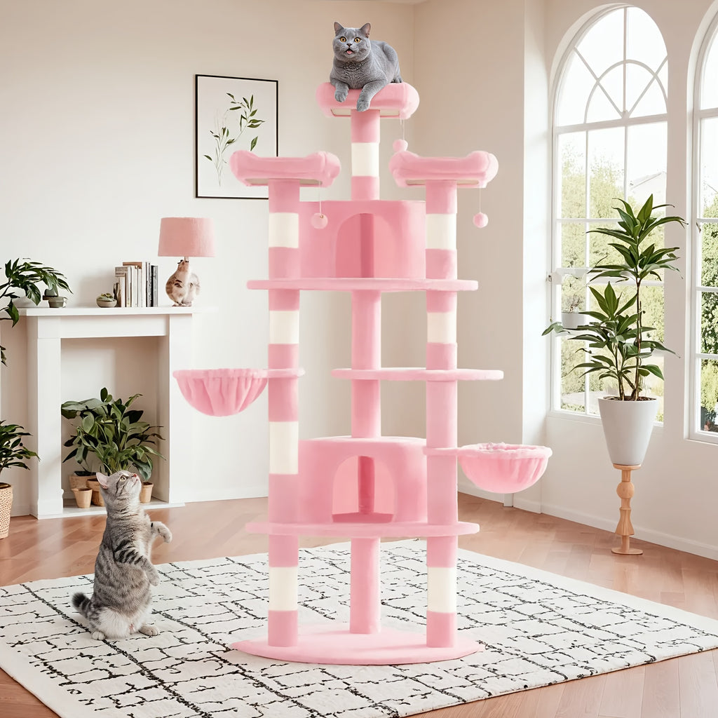 Cat Tree 73 Inch Fan-Shaped Tower for Indoor Cats with Plush Perches, Sisal Scratching Posts, Hammock and Baskets for Climbing and Rest