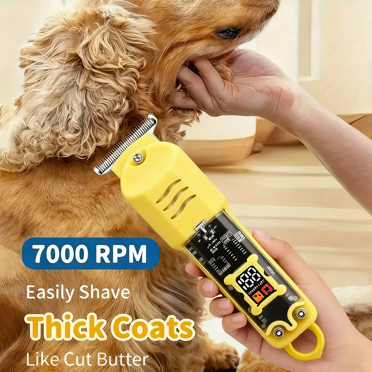 Pet Hair Trimmer Cordless Rechargeable, Low-Noise Electric Dog Clippers with 4 Limit Combs, LED Battery Display and Sharp Blades for Small and Large Dogs and Cats, Blue or Yellow