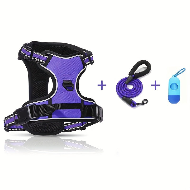 Dog Harness Set with Poop Bag Dispenser and Leash, Adjustable Reflective No-Pull Walking Gear in Black, Pink, Blue or Purple, S M L Options