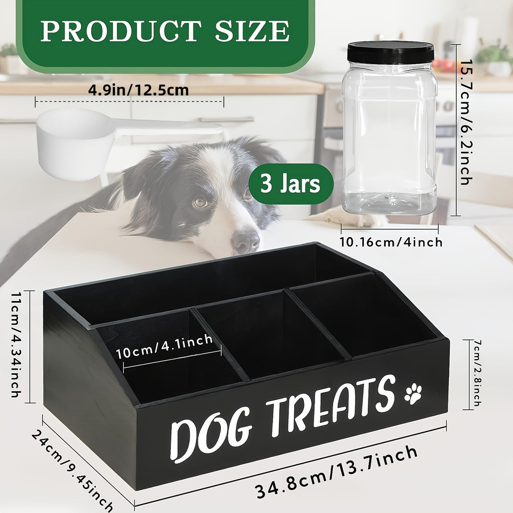 Dog Treat Storage Organizer with 3 Clear Jars and Scoop, Solid Wood Farmhouse Pet Snack Station with Compartments for Cat and Dog Supplies
