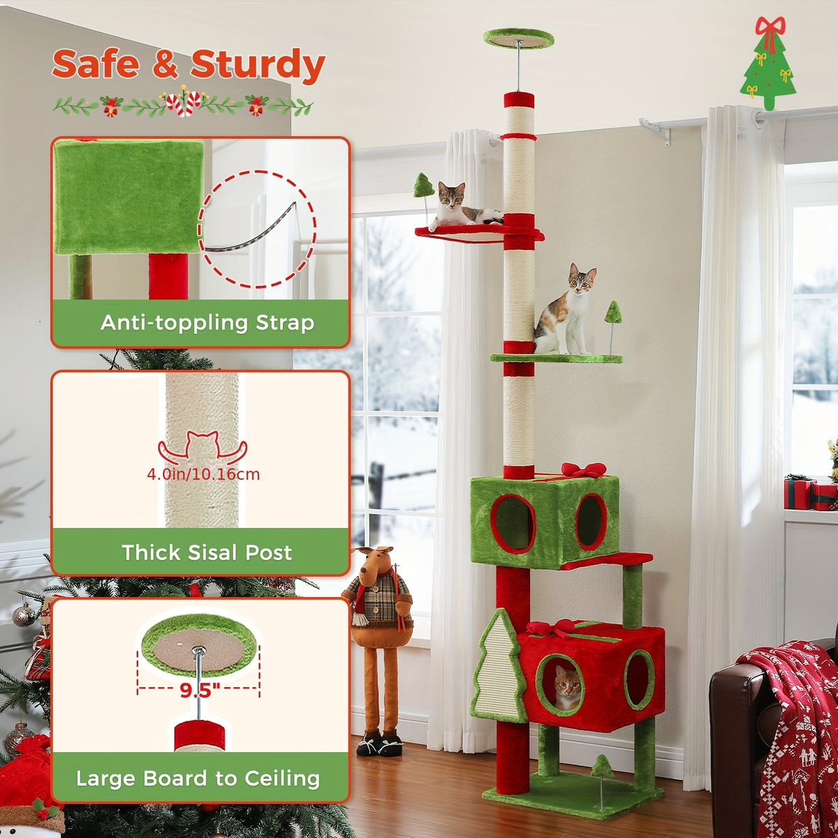 Floor to Ceiling Cat Tree, 90–107 Inch Adjustable 4-Tier Indoor Cat Tower with Tension Rod and Soft Carpet-Style Platforms for Climbing and Rest