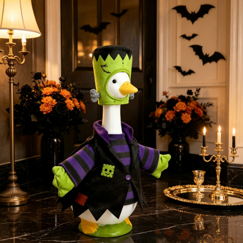 Porch Goose Monster Outfit for 23-Inch Statues, Halloween Costume with Wizard Hat and Cape for Seasonal Entryway and Lawn Goose Decor