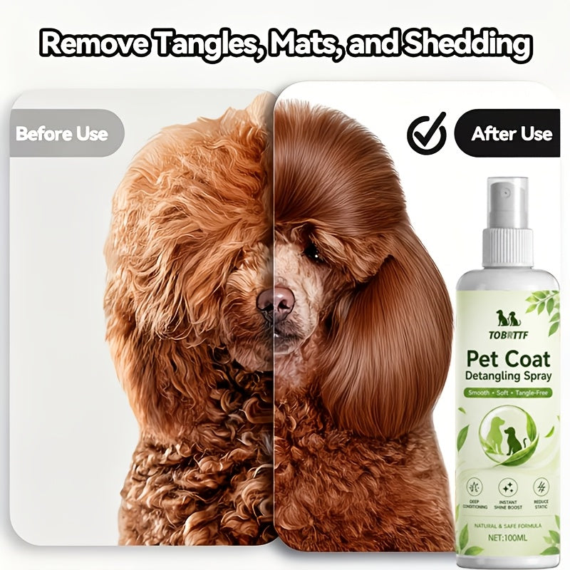 Pet Leave-In Detangler Spray 100ml with Aloe, Vitamin E and Vegetable Oil, Coat Smoothing Grooming Spray for Knots and Soft, Shiny Fur