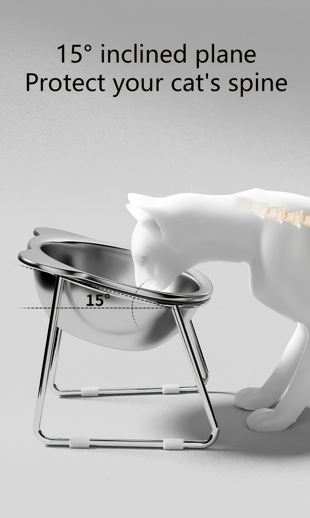 Tilted Cat Bowl with Metal Stand, 304 Stainless Steel Raised Feeding Dish with Cat-Ear Rim and 15 Degree Angle for Everyday Indoor Cat Meals