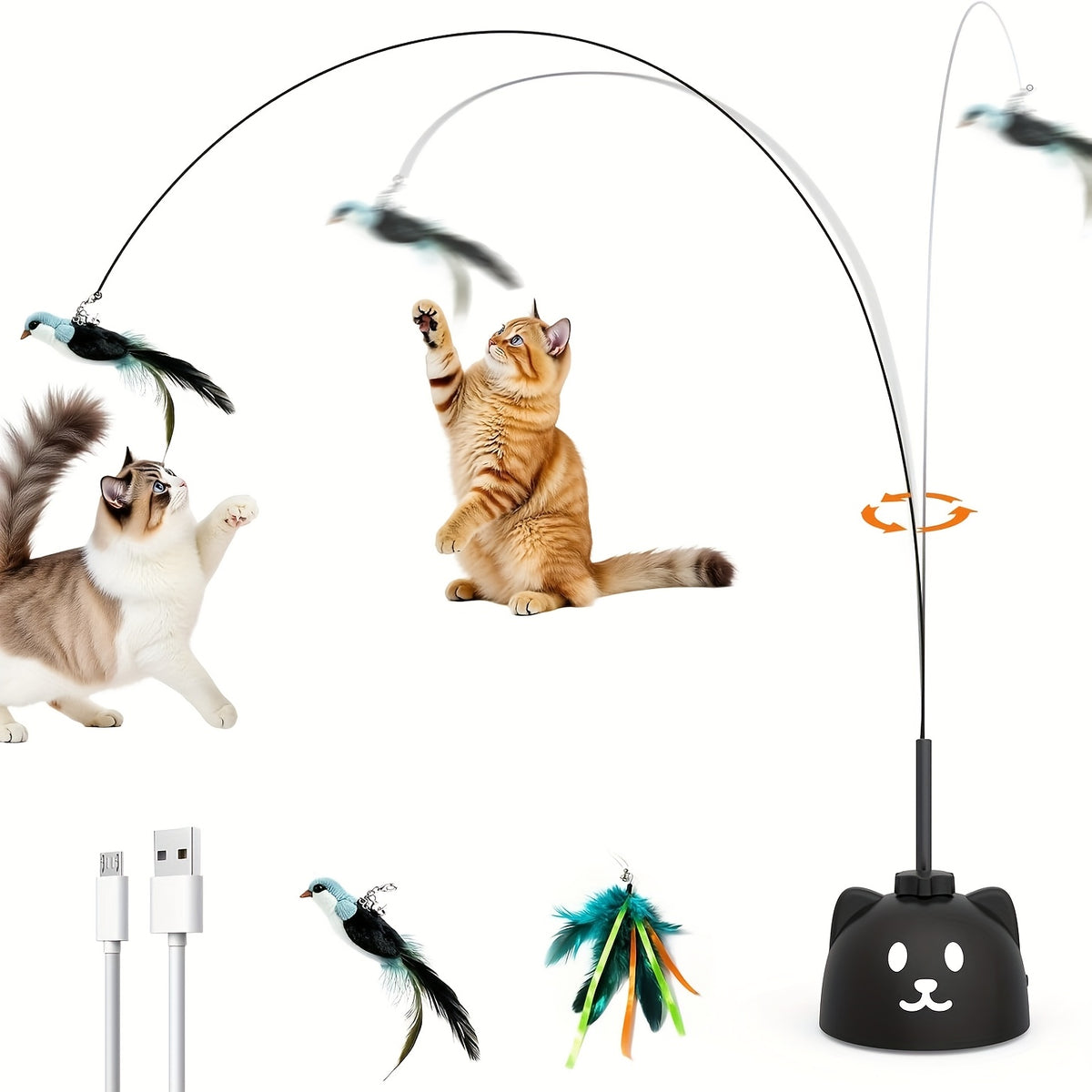 Automatic Bird Cat Toy with Rotating Feather Wand, USB Rechargeable Suction Cup Teaser with Touch Wake-Up for Supervised Indoor Play, White or Black