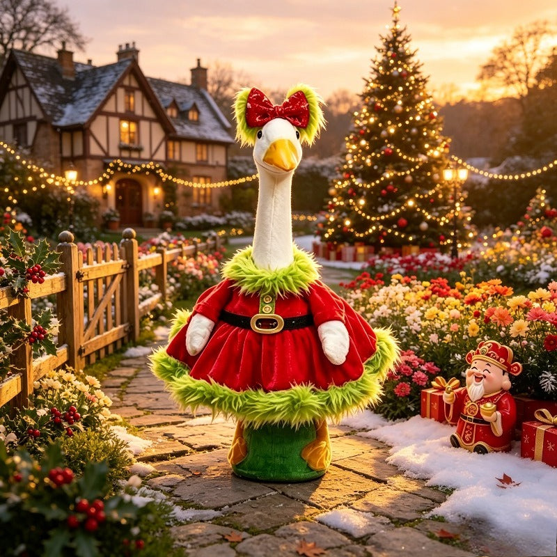 Red Sequin Bow Porch Goose Costume for 23-Inch Decorative Goose, Christmas Holiday Outfit with Green Plush Detail for Seasonal Entryway Decor