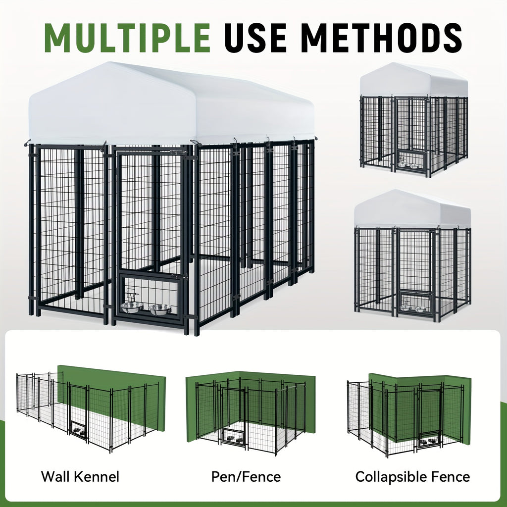 Outdoor Dog Enclosure with Welded Wire Panels, Locking Door and UV-Resistant Roof Cover, Three Size Options for Supervised Backyard Use