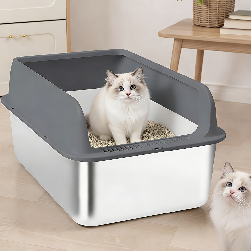 High-Sided Stainless Steel Cat Litter Box with Snap-Lock Design, Easy-Clean Metal Litter Tray for Indoor Cats, Black and Gray Options