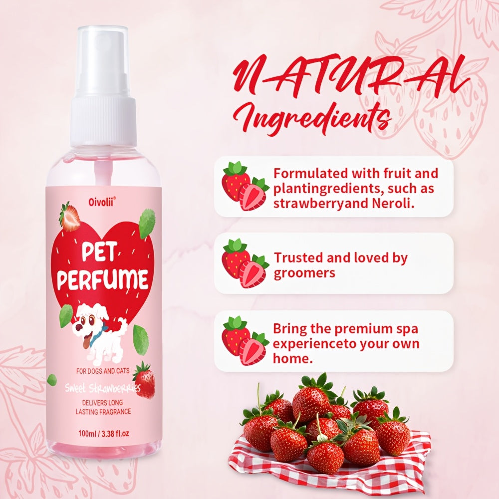 Dog Perfume Spray with Sweet Strawberry Scent, 100ml Pet Cologne and Deodorizing Mist for Label-Directed Coat and Bedding Freshening