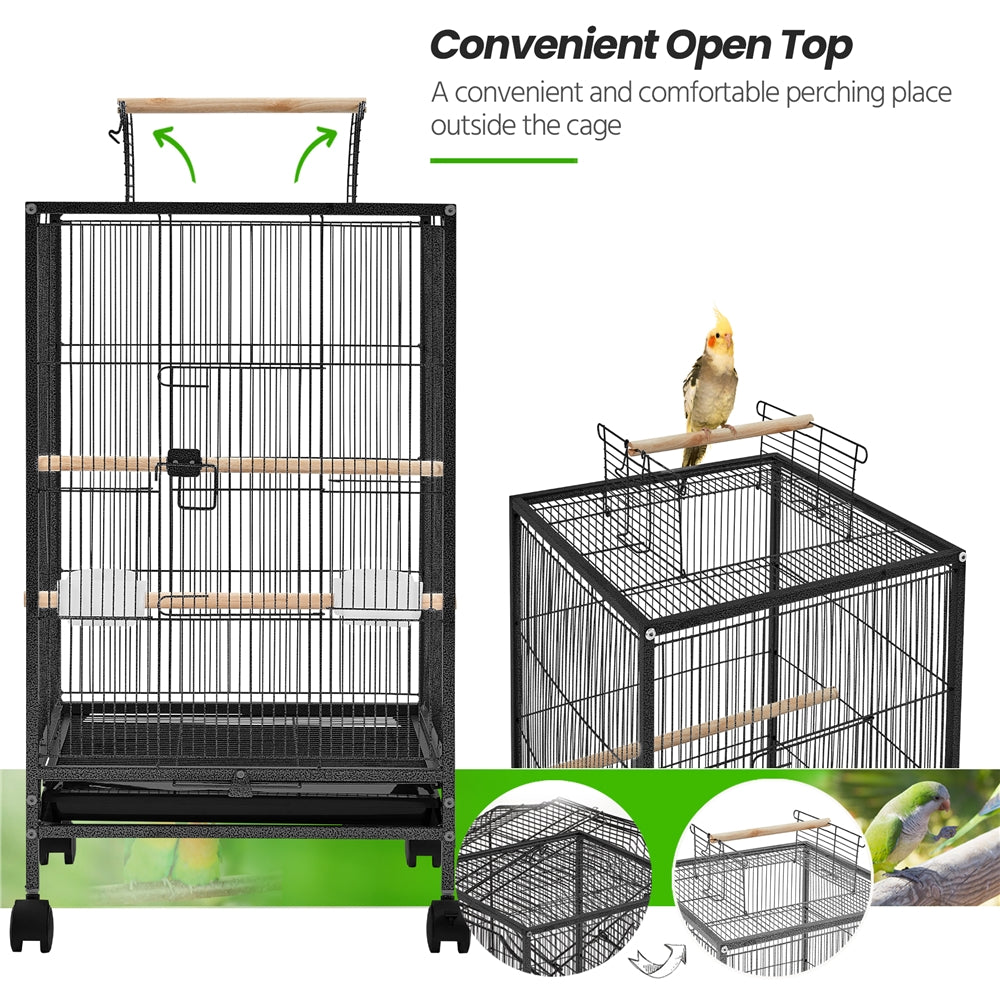 Bird Cage with Rolling Stand, 31-Inch Black Wrought Iron Open-Top Small Bird Habitat with Two Feeders, Three Perches and Slide-Out Tray