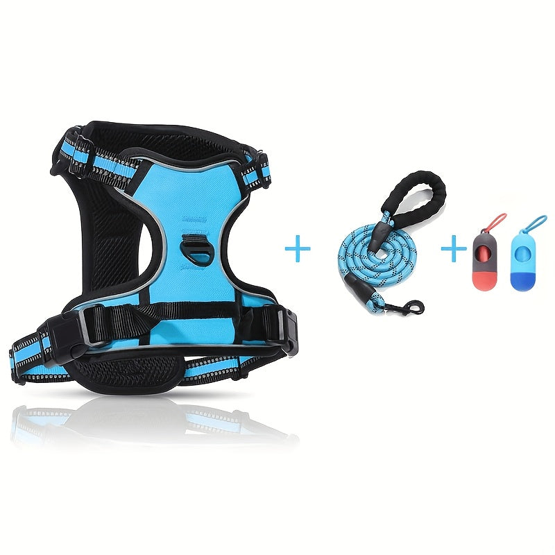 Dog Harness 4-Piece Walking Set with Reflective Strips, Adjustable No-Pull Chest and Back Straps and Padded Leash for Small to Large Dogs