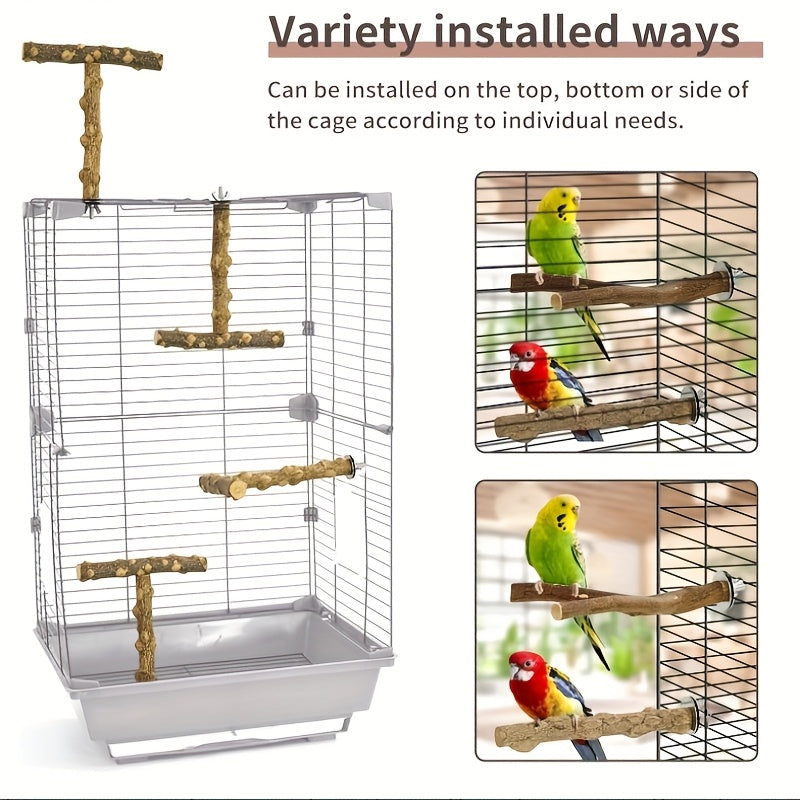 Parrot Perch Set 6 Pieces in Sichuan Pepper Wood, Bird Swing and T-Shaped Platform Combination for Supervised Perching and Cage Exploration